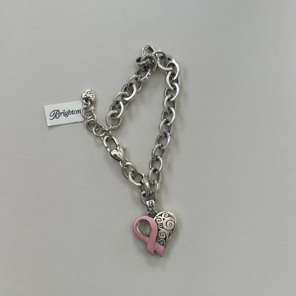Brighton Breast Cancer Silver Chain Bracelet with Pink Heart Charm